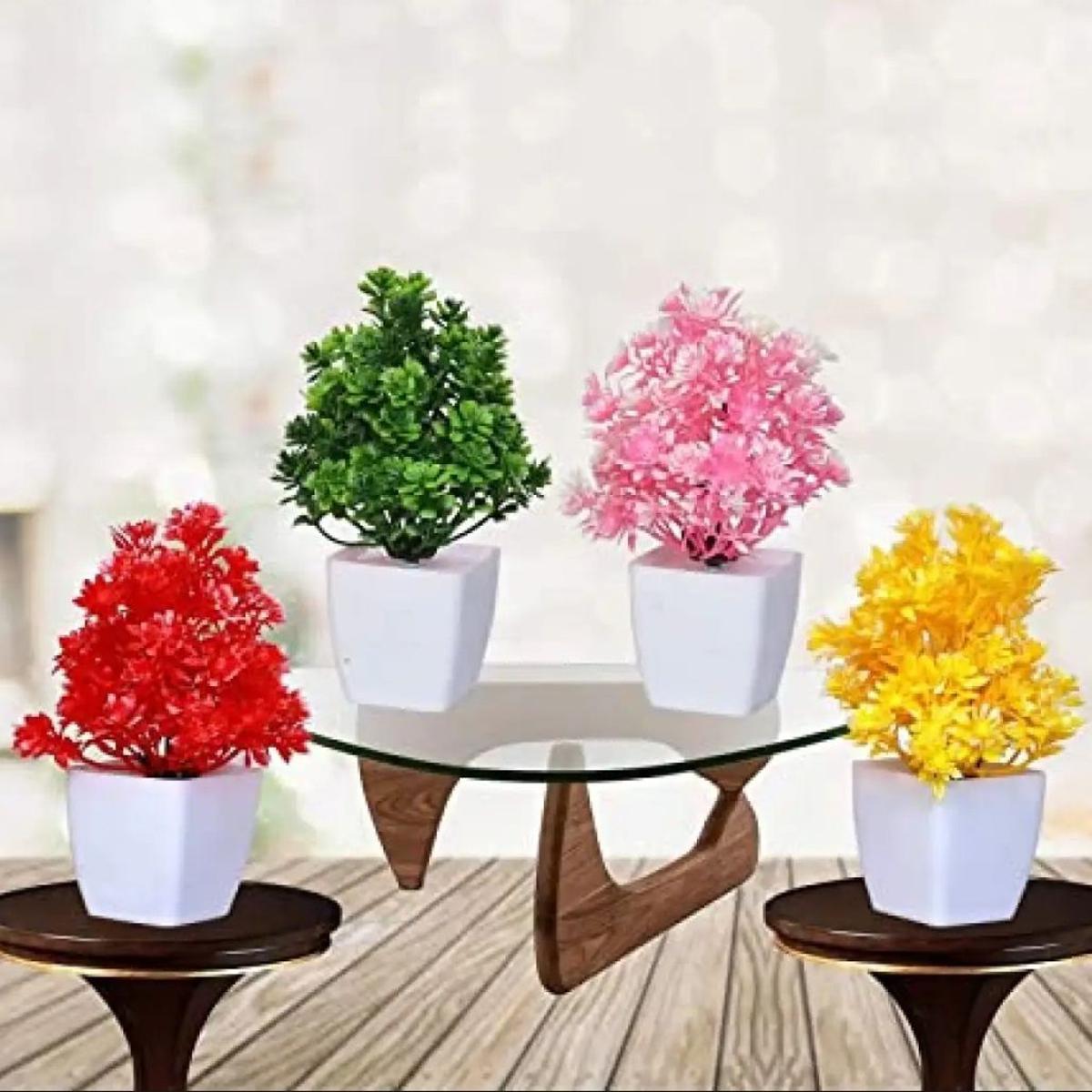 Pack of 4 Mini Plant Artificial Decoration Piece with pot Best for home & Office Decoration purpose