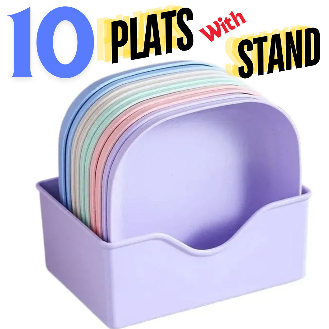 10 Pcs Plates with Stand | Multi-Function kitchen Plastic Plates Set for Snacks | Breakfast Dry Fruit Eco-Friendly Unbreakable